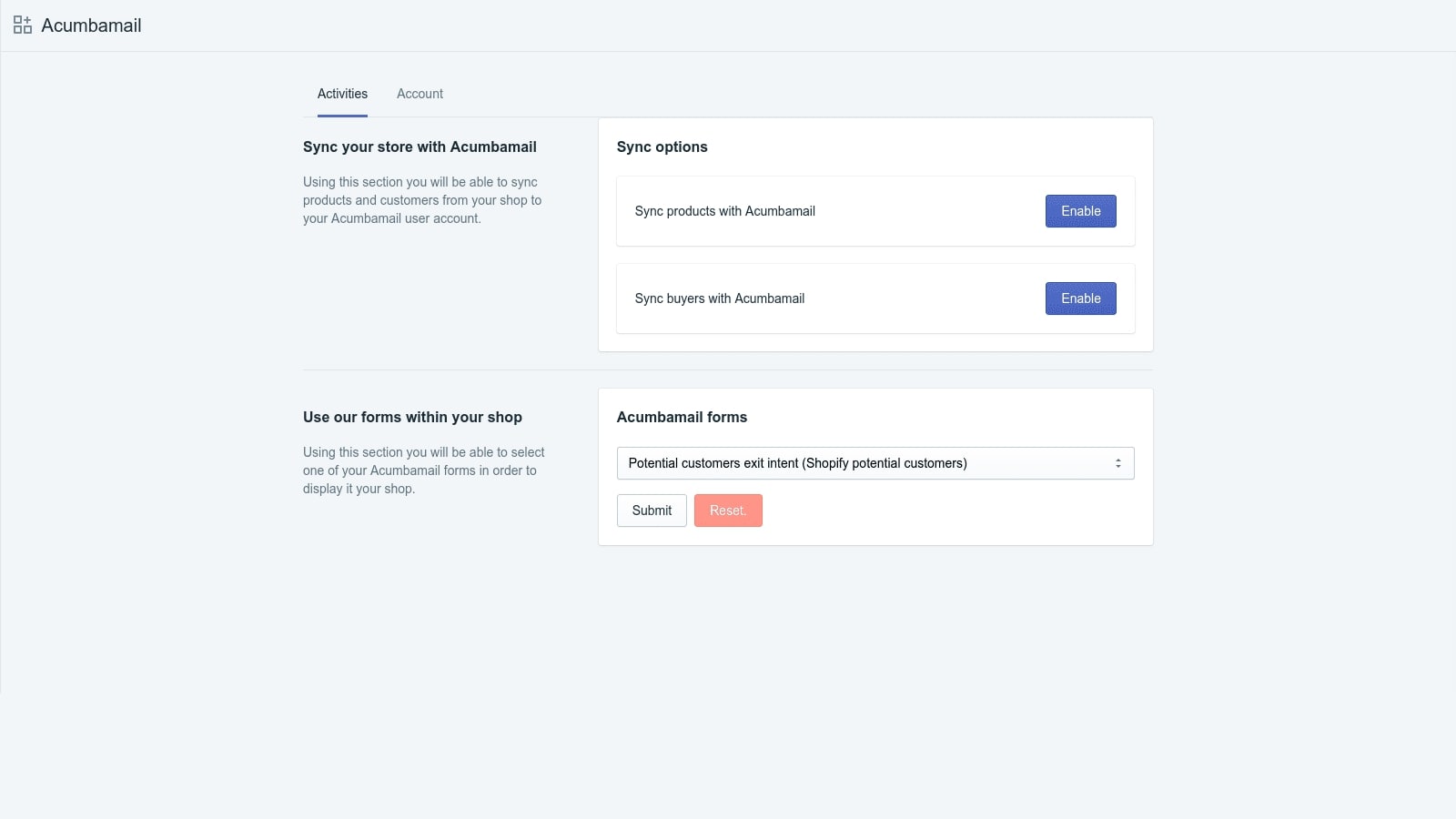 Homepage Acumbamail integration for Shopify